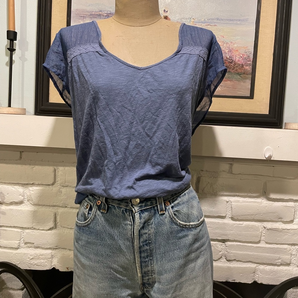 Blue Women's embroidered gauzy lucky brand peasant Top